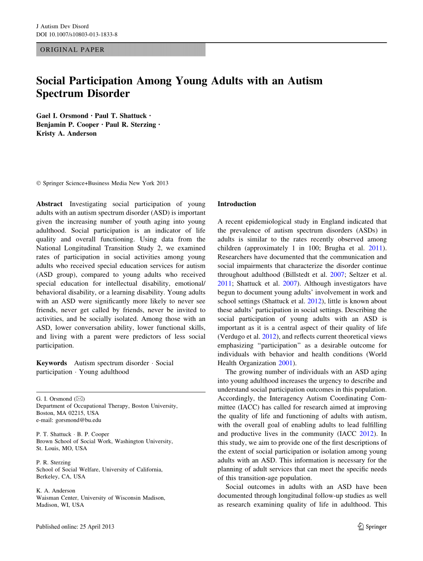 Pdf Social Participation Among Young Adults With An Autism Spectrum Disorder