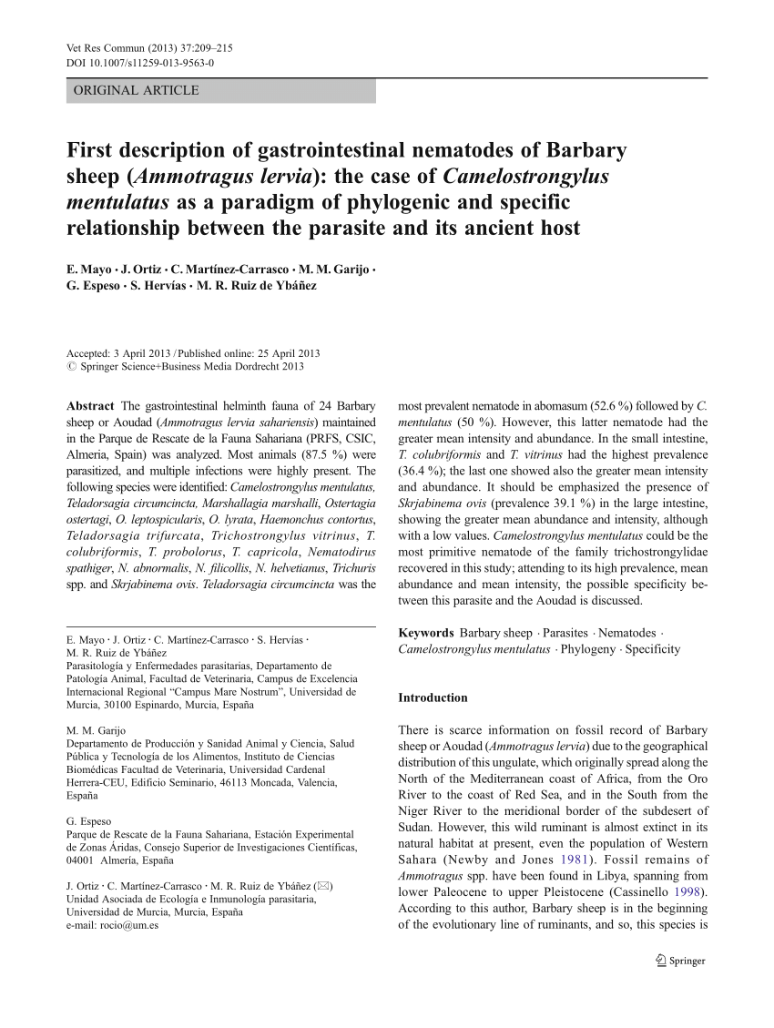 Haast je schuifelen Volg ons PDF) First description of gastrointestinal nematodes of Barbary sheep  (Ammotragus lervia): The case of Camelostrongylus mentulatus as a paradigm  of phylogenic and specific relationship between the parasite and its  ancient host