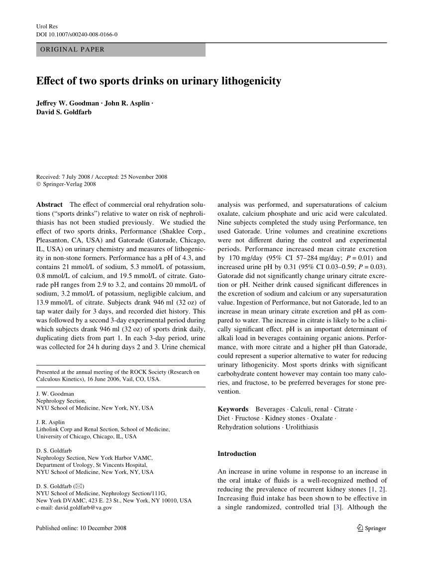 Pdf Effect Of Two Sports Drinks On Urinary Lithogenicity