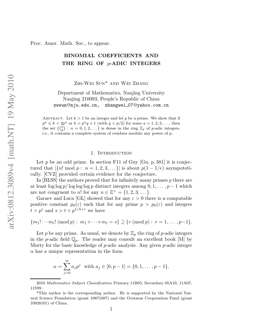 Pdf Binomial Coefficients And The Ring Of P Adic Integers