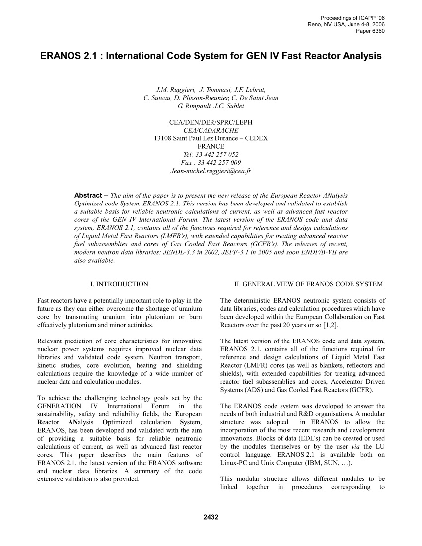 Pdf Eranos 2 1 International Code System For Gen Iv Fast Reactor Analysis