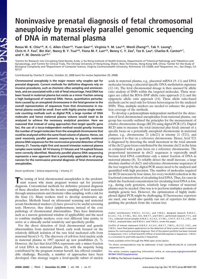 Pdf Noninvasive Prenatal Diagnosis Of Fetal Chromosomal Aneuploidy By