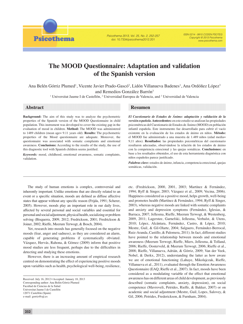 Pdf The Mood Questionnaire Adaptation And Validation Of The Spanish Version