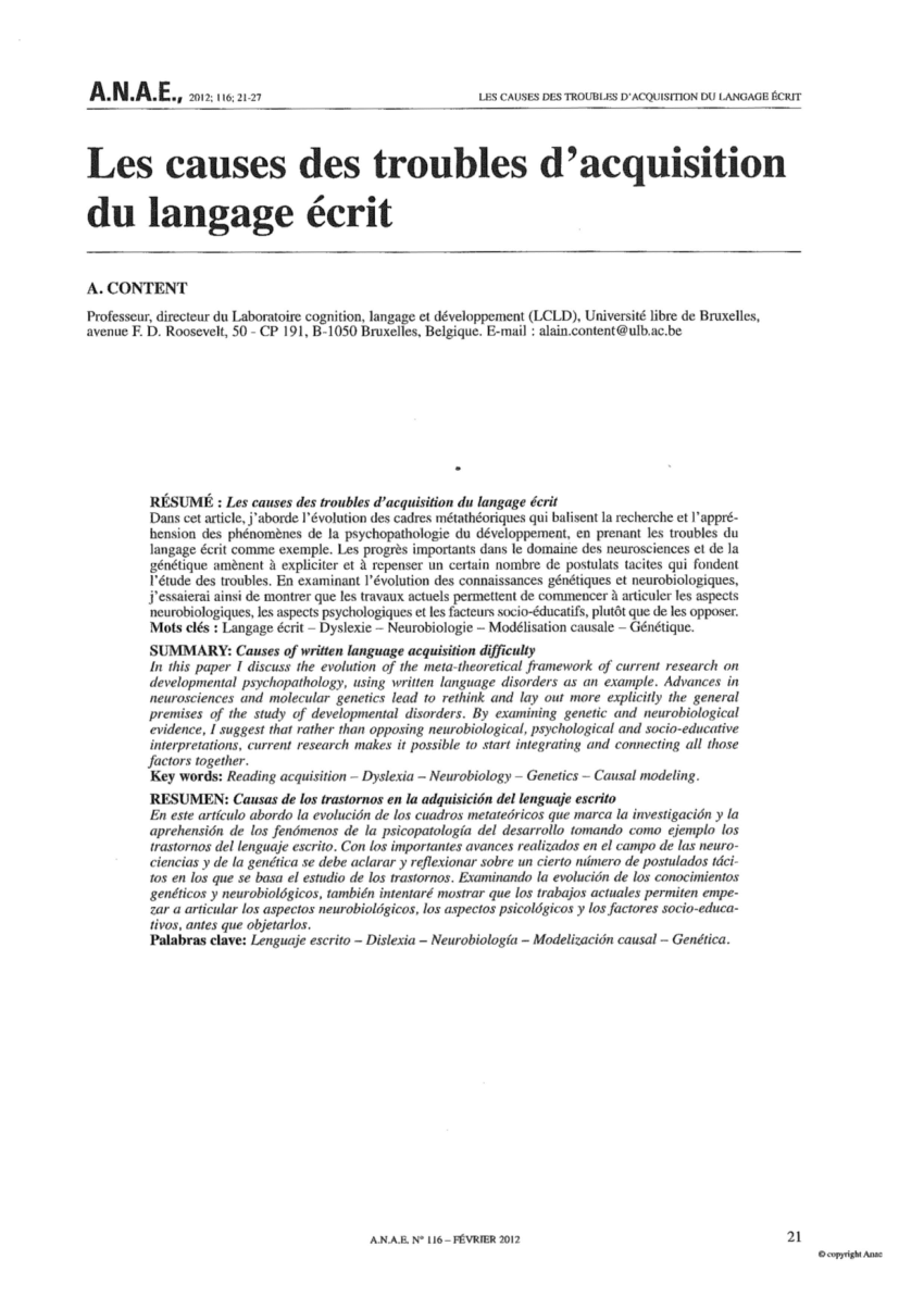 Pdf Les Causes Des Troubles D Acquisition Du Langage Ecrit