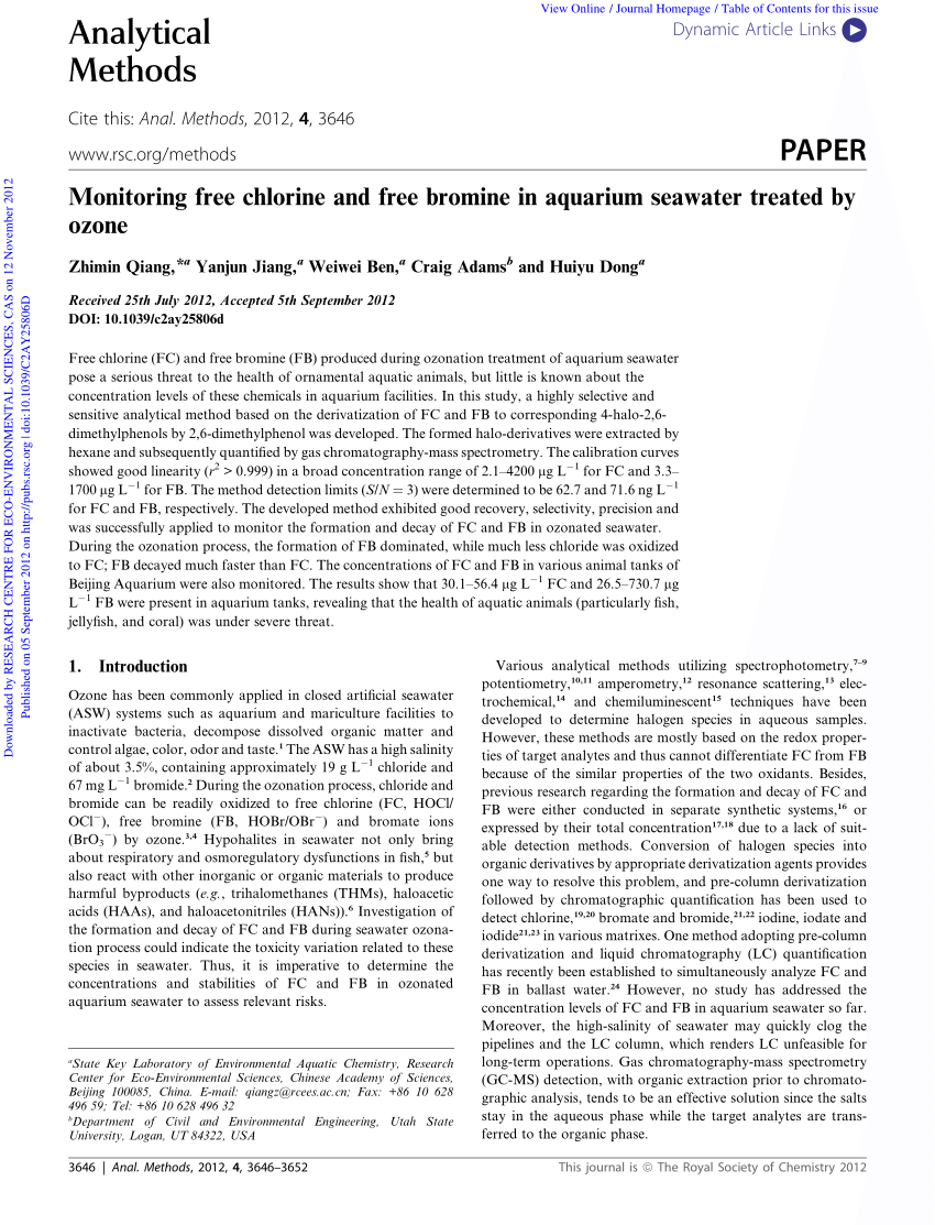 Pdf Monitoring Free Chlorine And Free Bromine In Aquarium Seawater Treated By Ozone