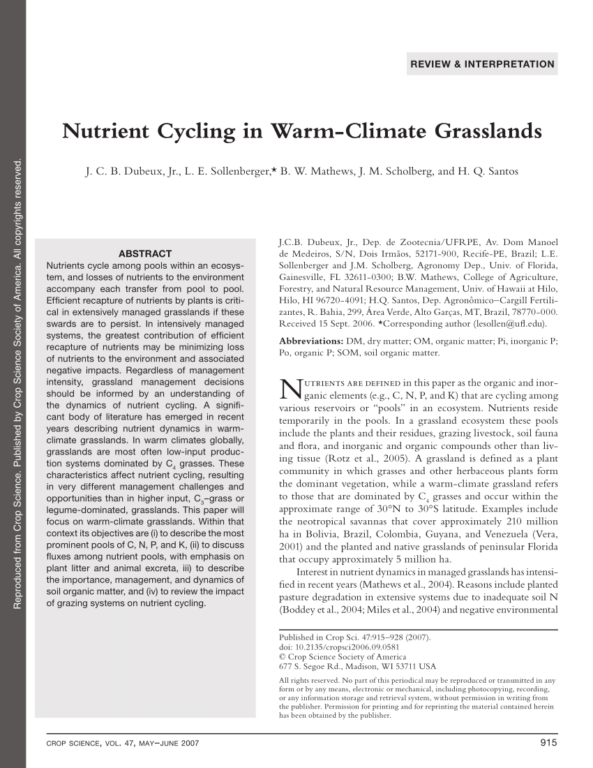 Pdf Nutrient Cycling In Warm Climate Grasslands