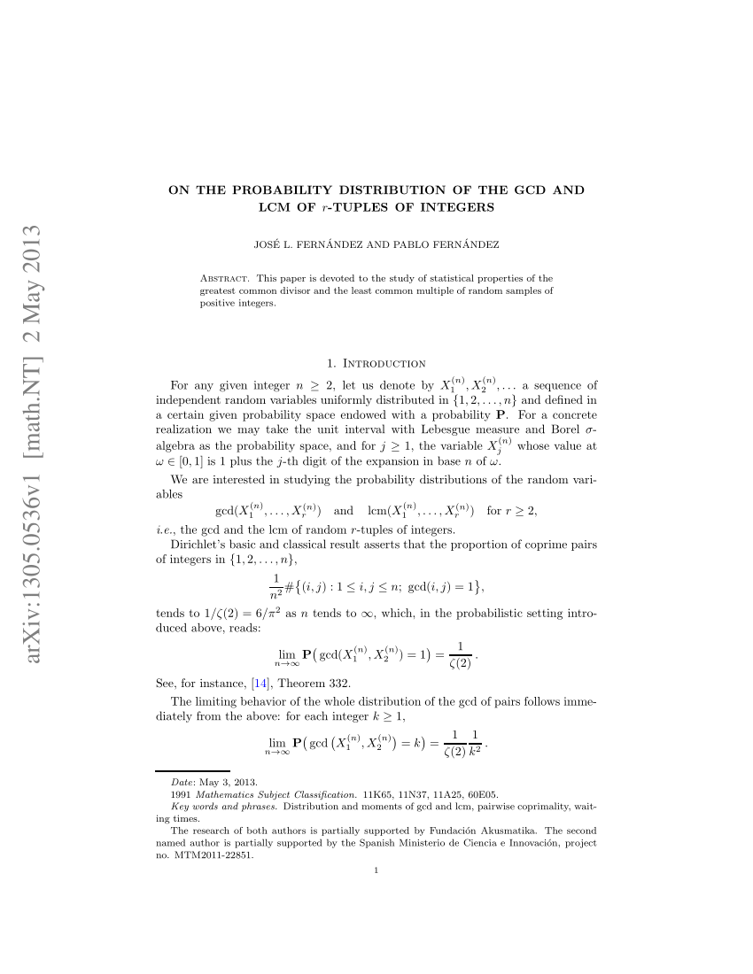 Pdf On The Probability Distribution Of The Gcd And Lcm Of R Tuples Of Integers