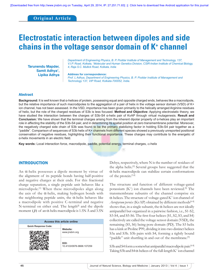 Pdf Electrostatic Interaction Between Dipoles And Side Chains In The Voltage Sensor Domain Of K Channel