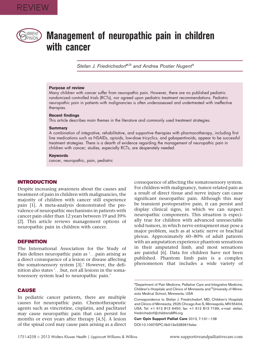 Pdf Management Of Neuropathic Pain In Children With Cancer