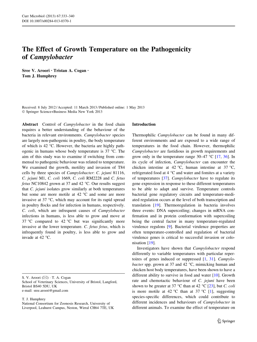 Pdf The Effect Of Growth Temperature On The Pathogenicity Of Campylobacter