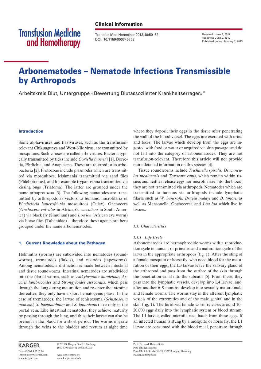 Pdf Arbonematodes Nematode Infections Transmissible By Arthropods Arbeitskreis Blut Untergruppe Bewertung Blutassoziierter Krankheitserreger