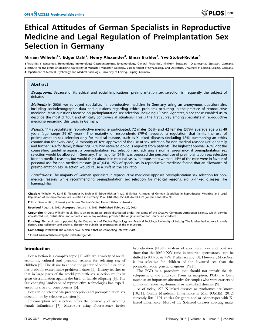 PDF) Ethical Attitudes of German Specialists in Reproductive Medicine and  Legal Regulation of Preimplantation Sex Selection in Germany