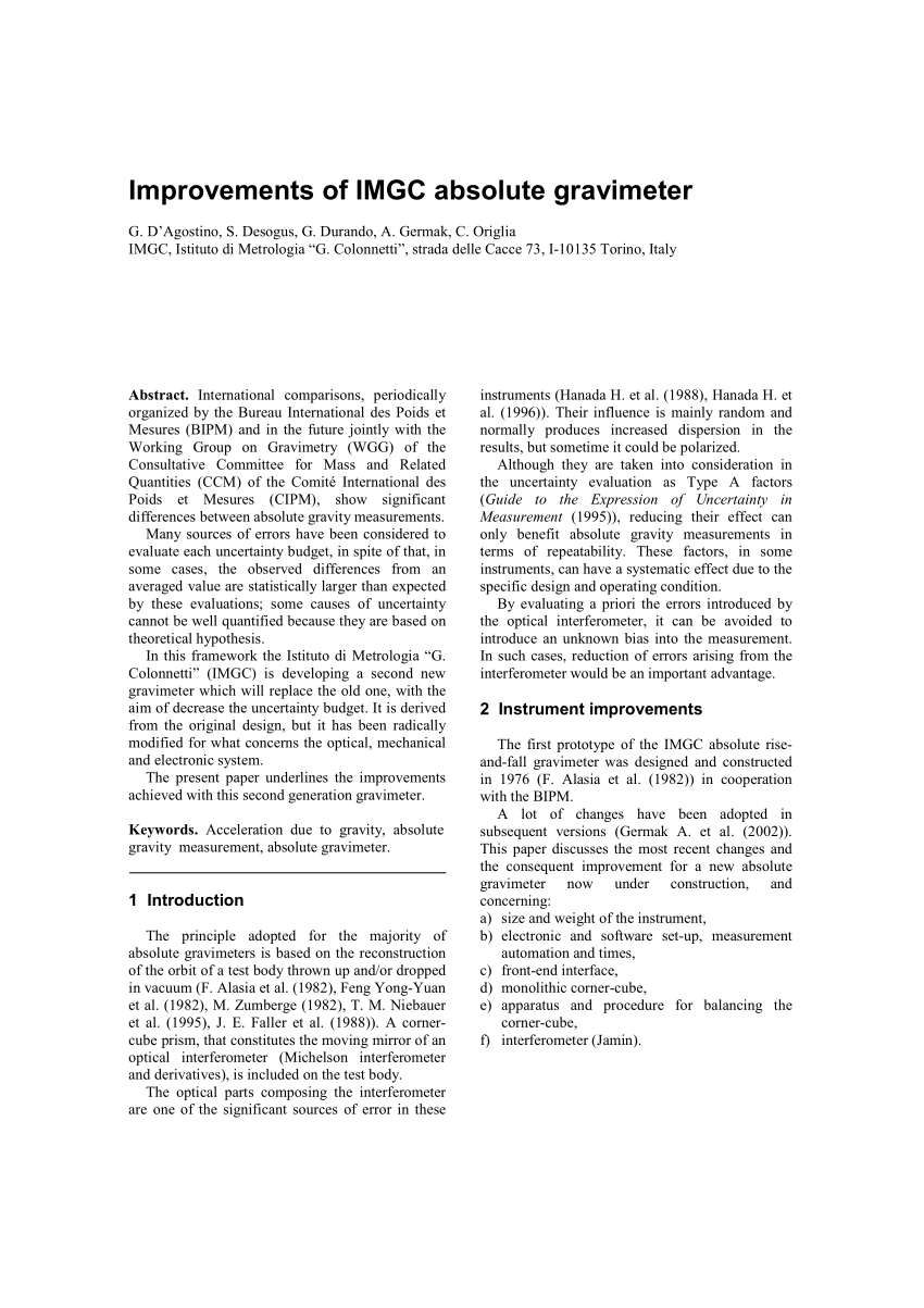 (PDF) Improvements of IMGC absolute gravimeter