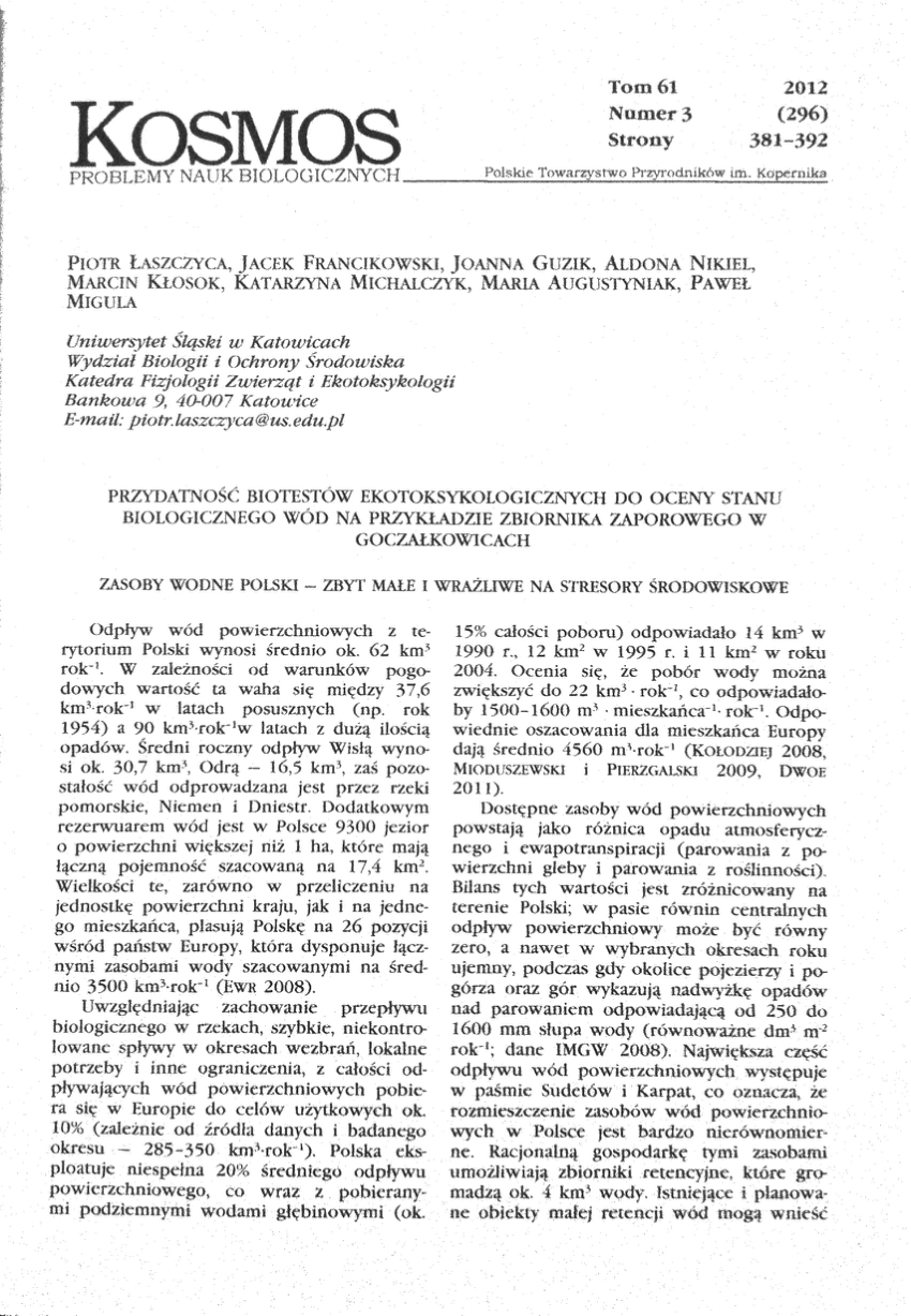 Pdf PrzydatnoŚĆ BiotestÓw Ekotoksykologicznych Do Oceny Stanu Biologicznego WÓd Na PrzykŁadzie 4676