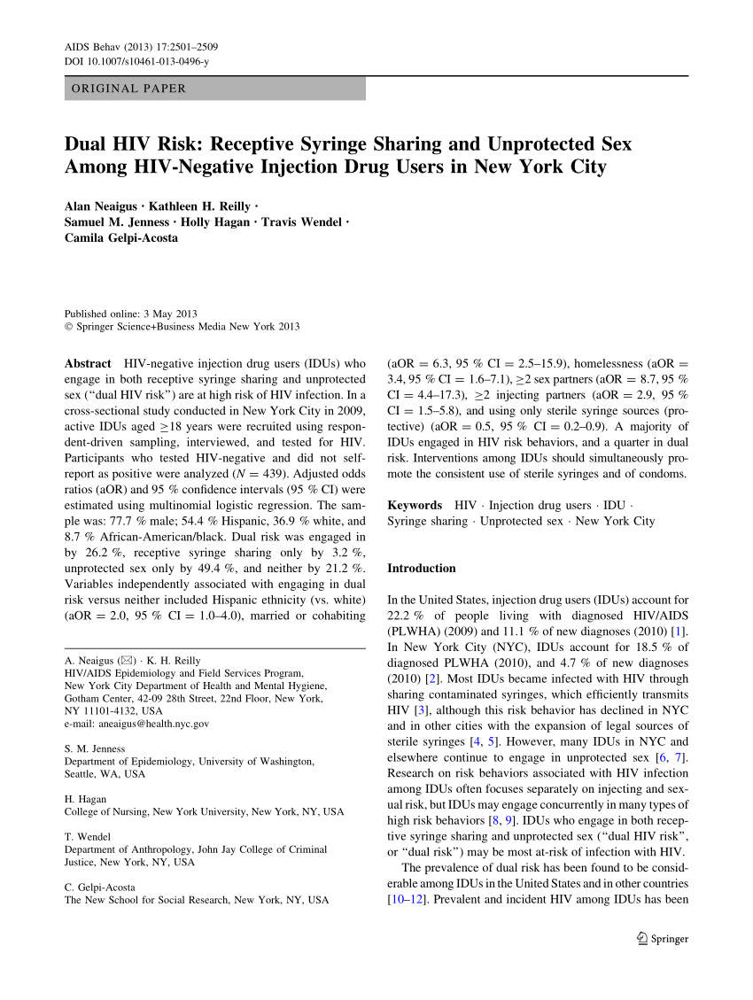Pdf Dual Hiv Risk Receptive Syringe Sharing And Unprotected Sex
