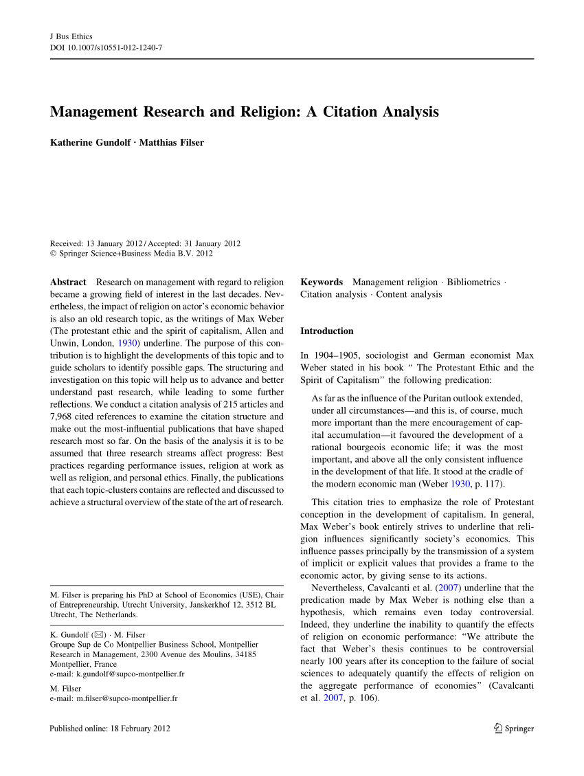 Pdf Management Research And Religion A Citation Analysis