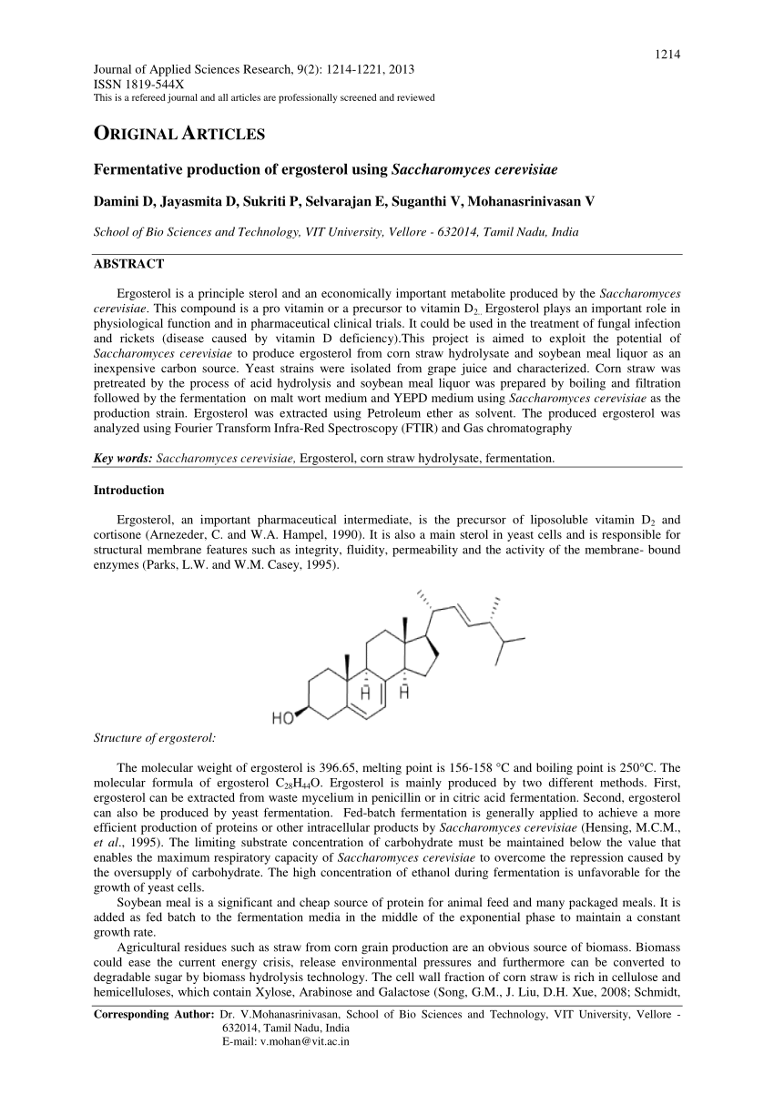 Pdf Fermentative Production Of Ergosterol Using Saccharomyces Cerevisiae