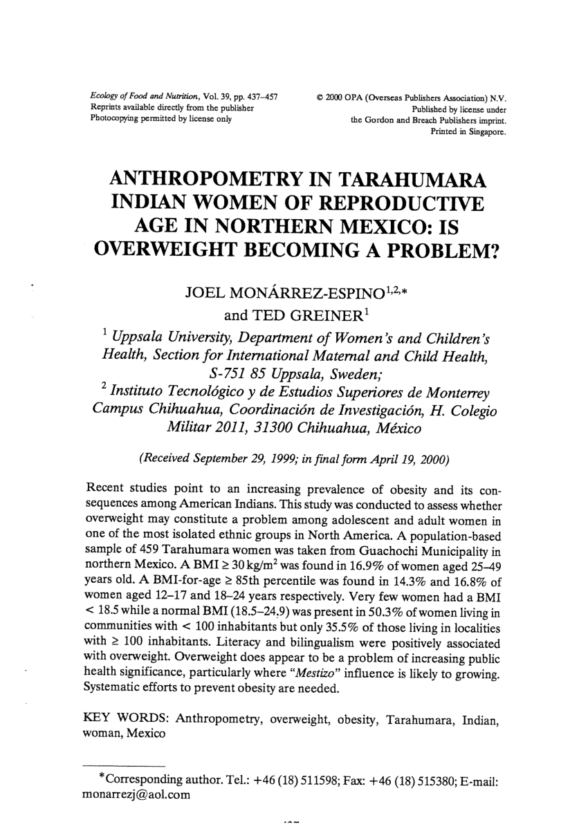 Pdf Anthropometry In Tarahumara Indian Women Of Reproductive Age In Northern Mexico Is Overweight Becoming A Problem