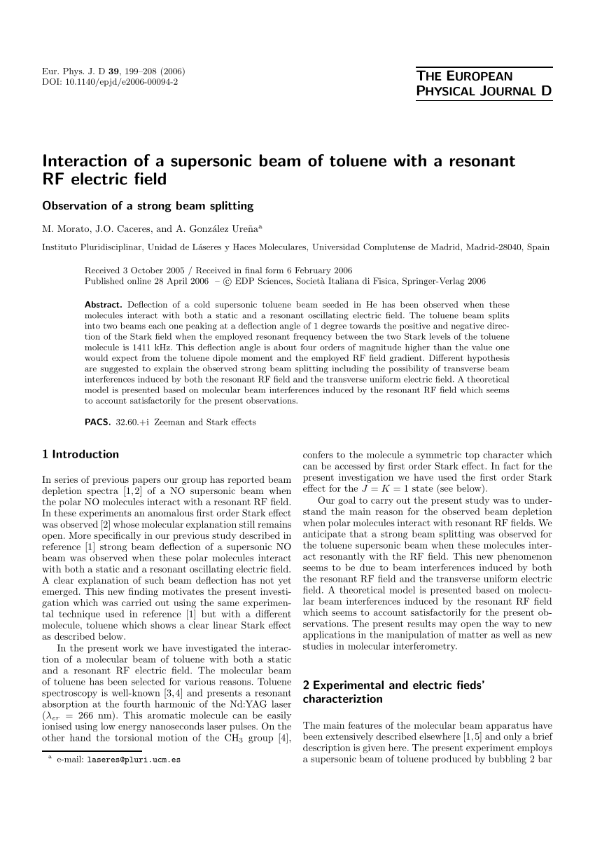 Pdf Interaction Of A Supersonic Beam Of Toluene With A Resonant Rf Electric Field Observation Of A Strong Beam Splitting