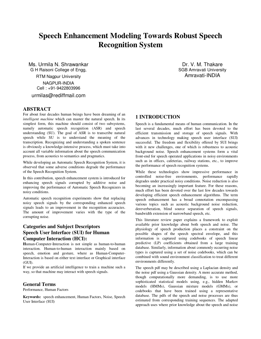 Pdf Speech Enhancement Modeling Towards Robust Speech Recognition System