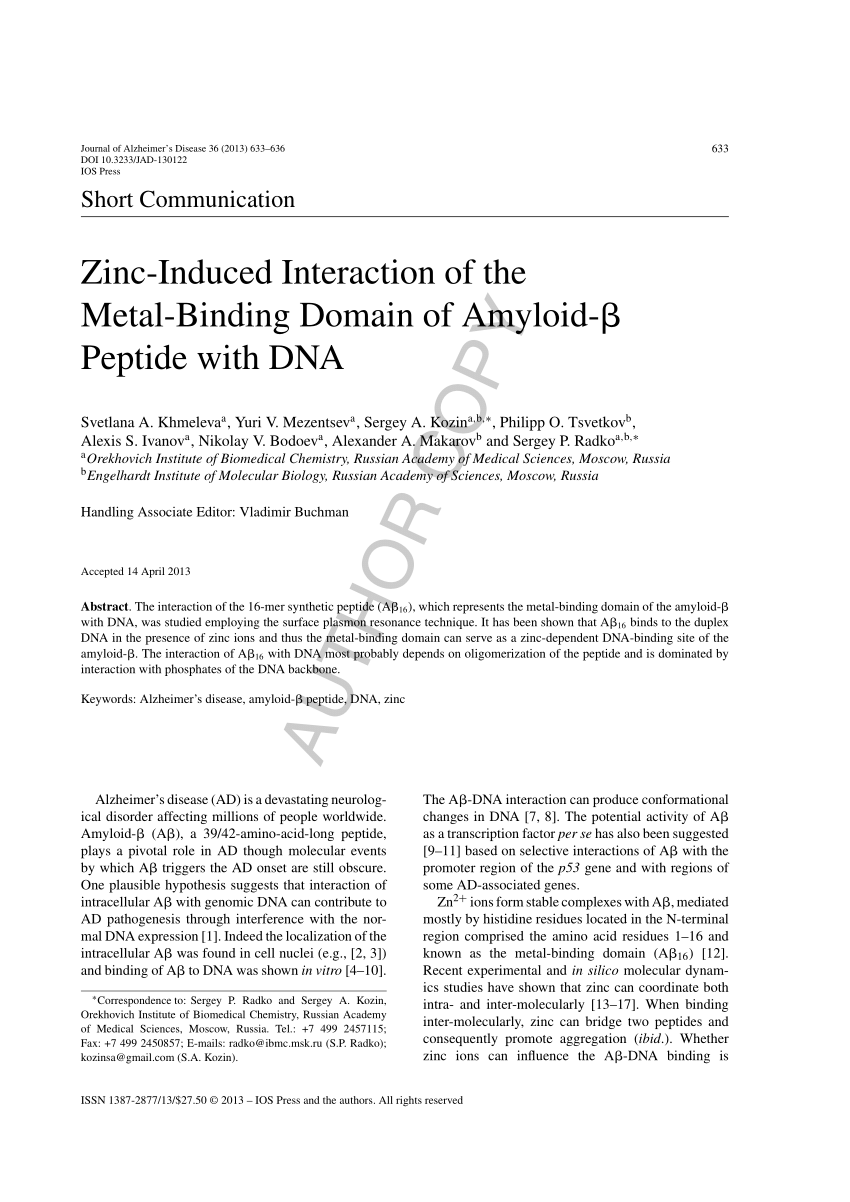 Pdf Zinc Induced Interaction Of The Metal Binding Domain Of Amyloid B Peptide With Dna