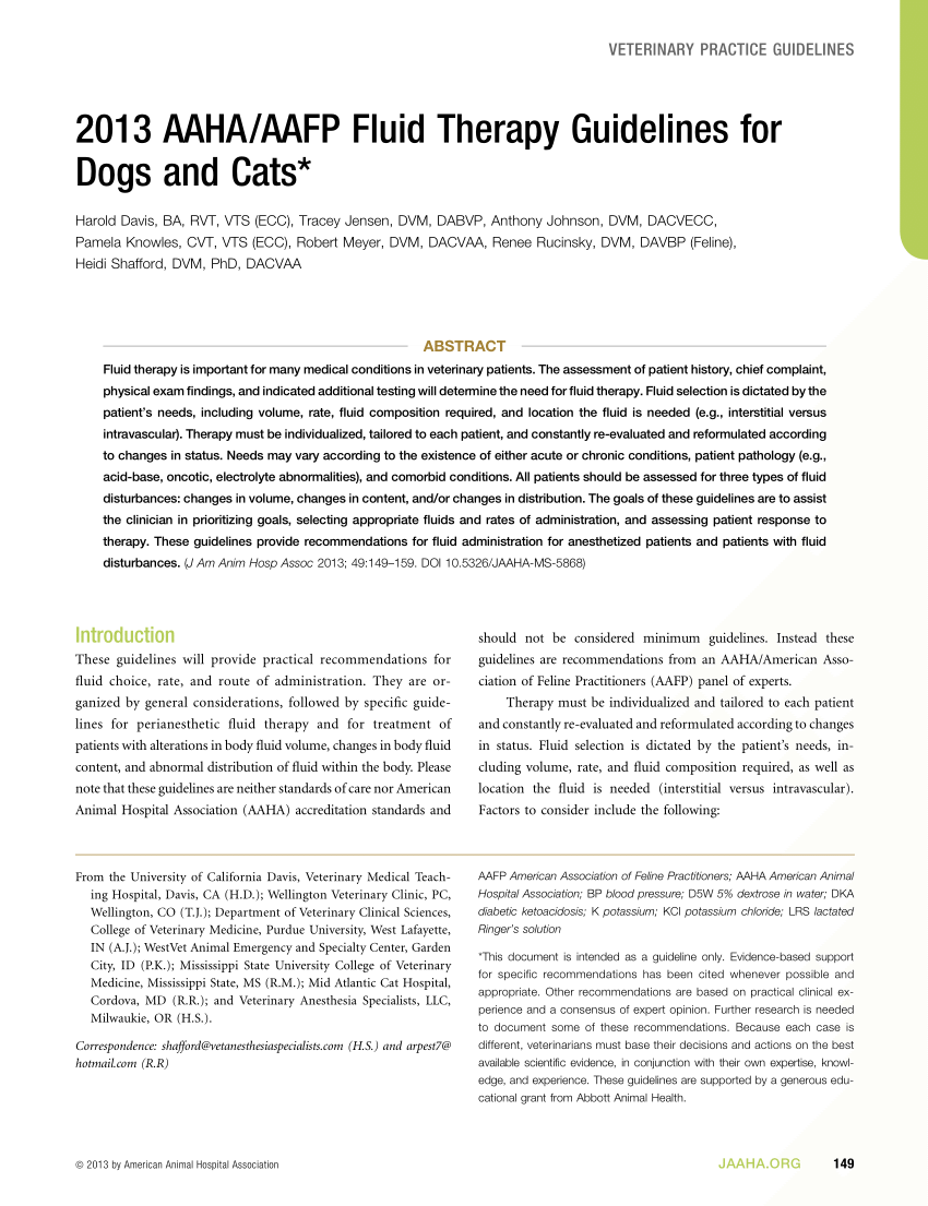 PDF) 2013 AAHA/AAFP fluid therapy guidelines for dogs and cats