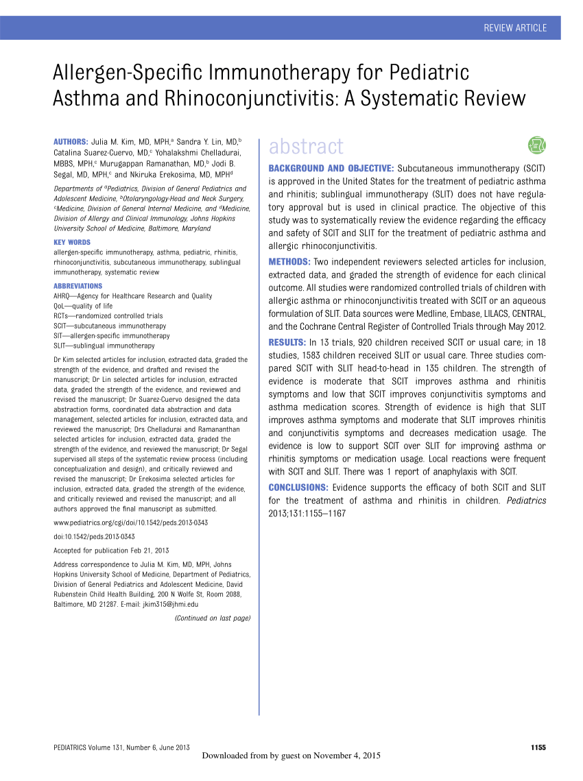 Pdf Allergen Specific Immunotherapy For Pediatric Asthma And Rhinoconjunctivitis A Systematic 