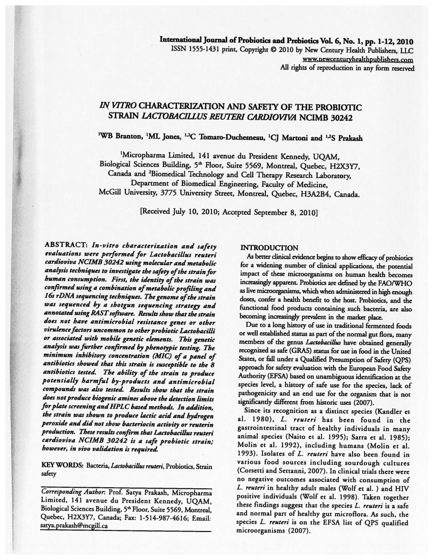 In vitro characterization and safety of the probiotic strain Lactobacillus reuteri cardioviva NCIMB 30242 (PDF Download Available)
