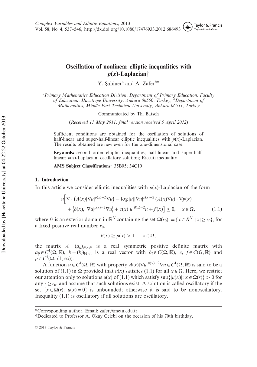 Pdf Oscillation Of Nonlinear Elliptic Inequalities With P X Laplacian