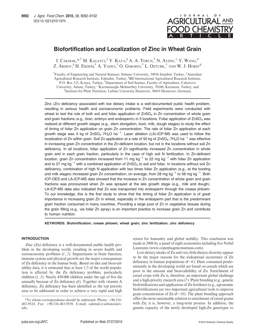 Pdf Biofortification And Localization Of Zinc In Wheat Grain