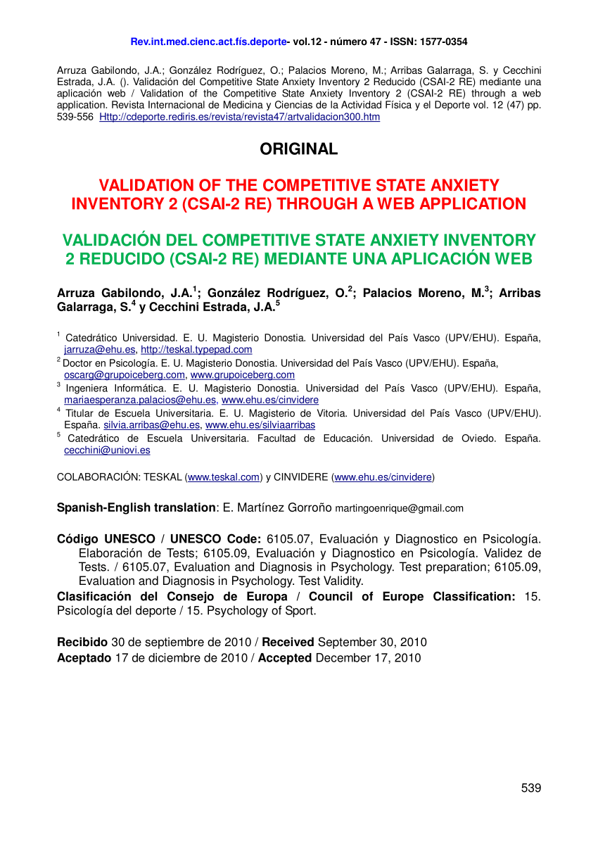 Pdf Validation Of The Competitive State Anxiety Inventory 2 Csai 2 Re Through A Web Application