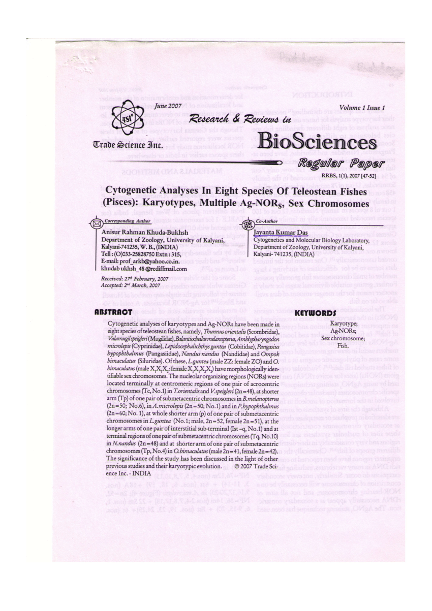 PDF) Cytogenetic Analyses In Eight Species Of Teleostean Fishes (Pisces):  Karyotypes, Multiple Ag-NORs, Sex Chromosomes