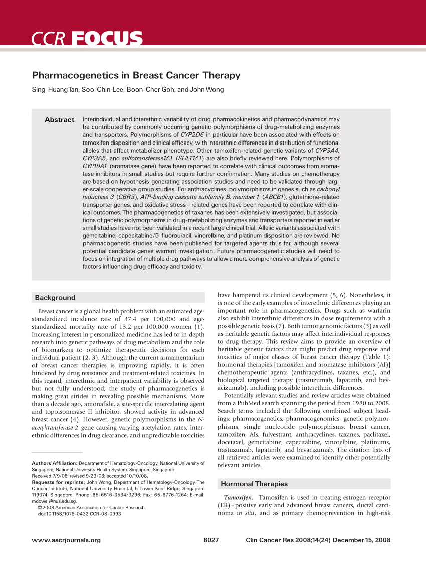 PDF) Pharmacogenetics in Breast Cancer Therapy