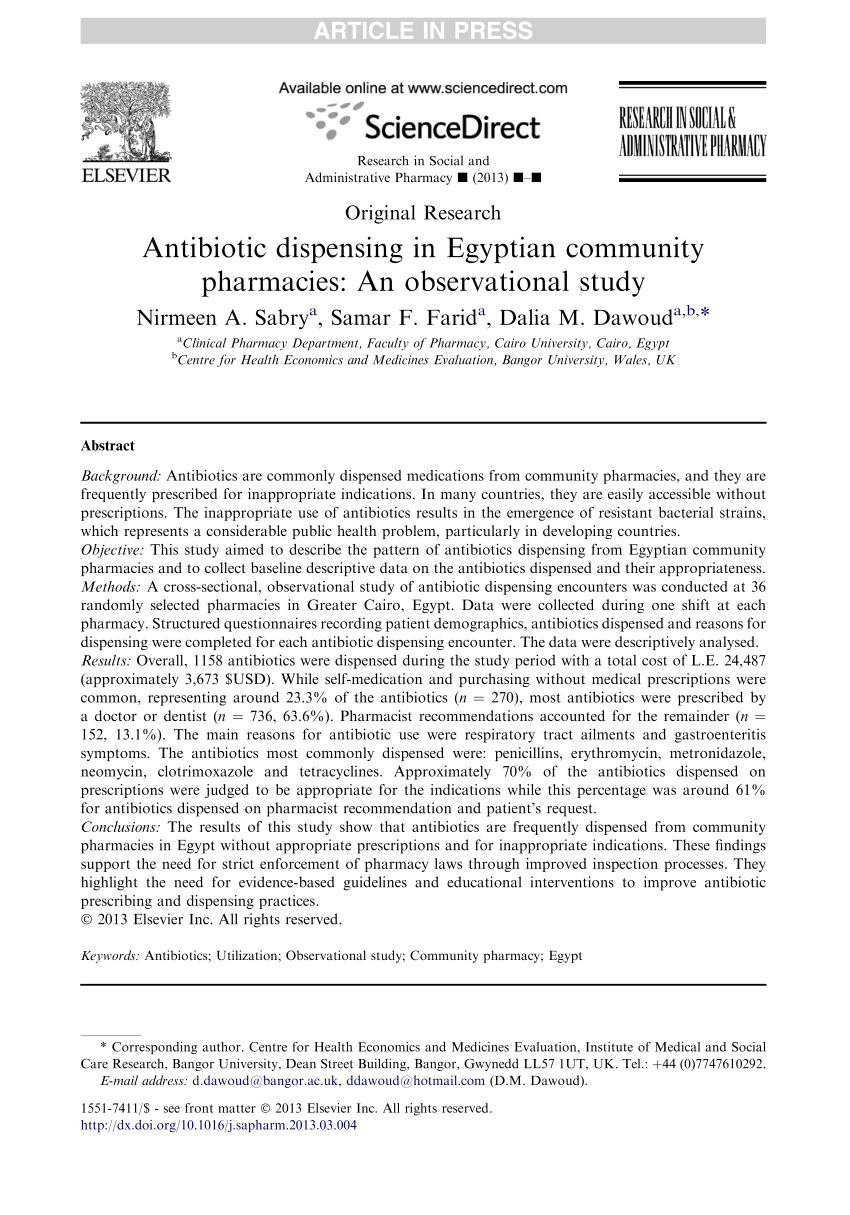 Pdf Antibiotic Dispensing In Egyptian Community Pharmacies An Observational Study