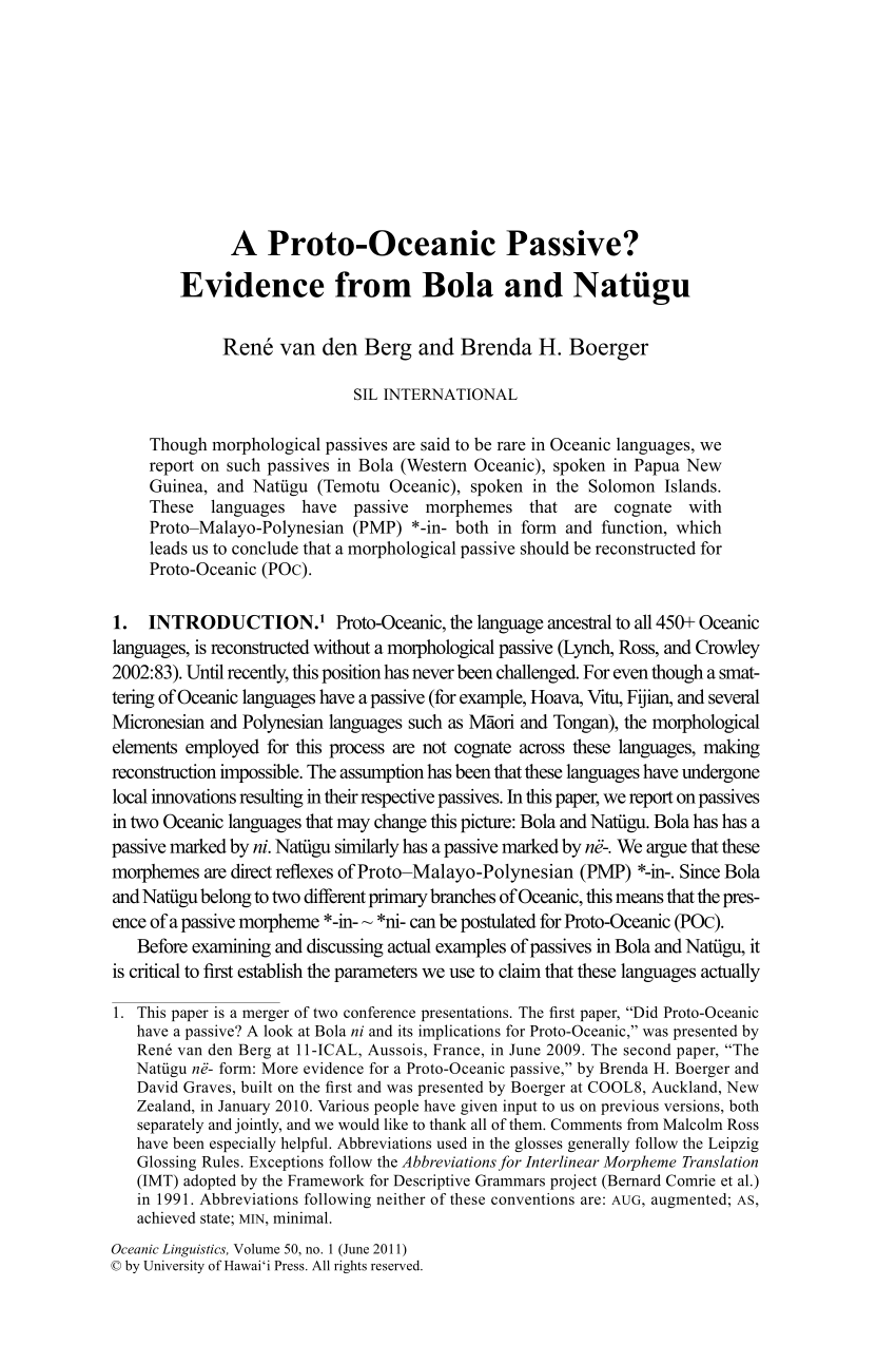 Pdf A Proto Oceanic Passive Evidence From Bola And Natugu