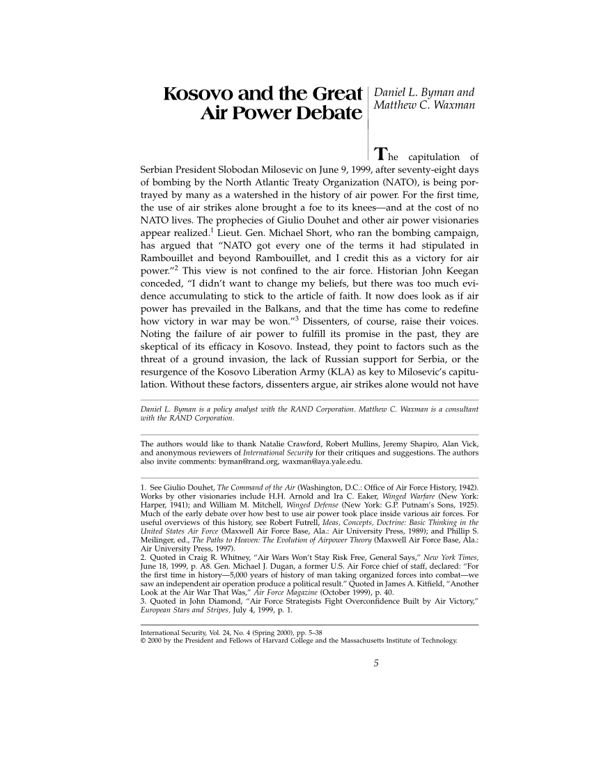 Pdf Kosovo And The Great Air Power Debate