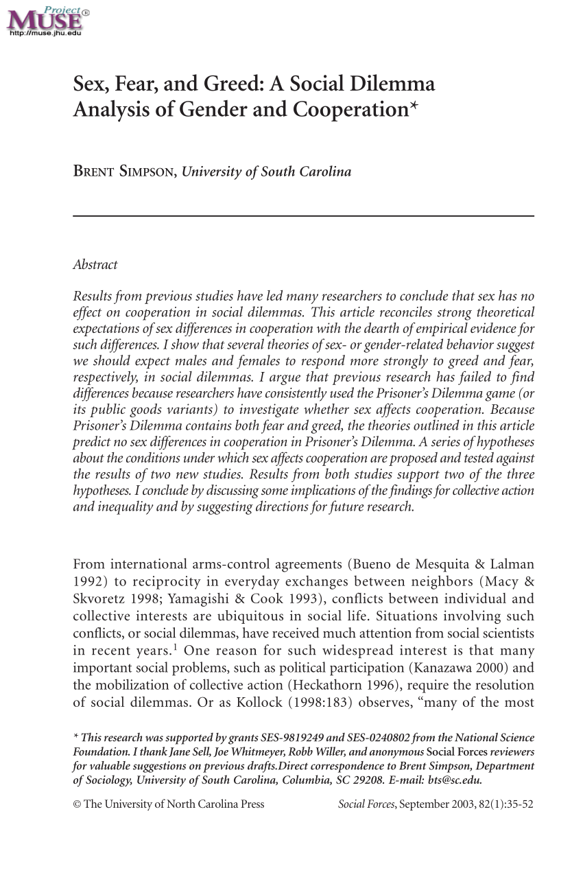Pdf Sex Fear And Greed A Social Dilemma Analysis Of Gender And Cooperation