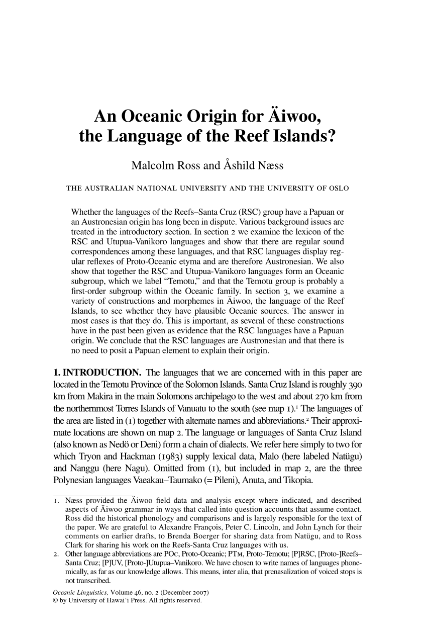 Pdf An Oceanic Origin For Aiwoo The Language Of The Reef Islands
