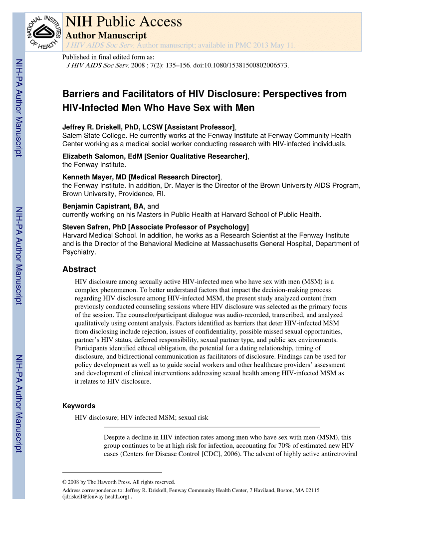 Pdf Barriers And Facilitators Of Hiv Disclosure Perspectives From Hiv Infected Men Who Have 