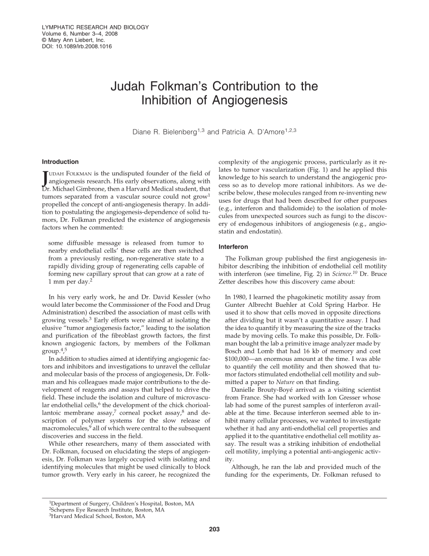 Pdf Judah Folkman S Contribution To The Inhibition Of Angiogenesis