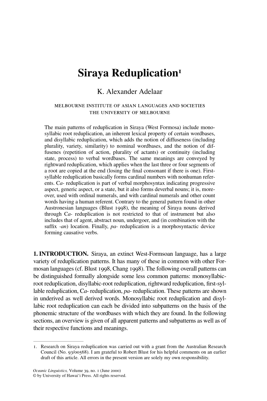 Pdf Siraya Reduplication