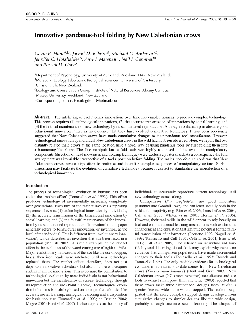 PDF) Innovative pandanus-tool folding by New Caledonian crows