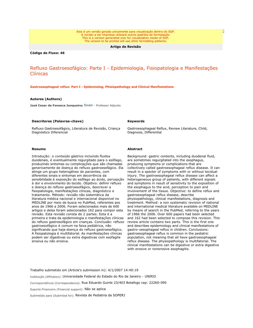 PDF) Doença do Refluxo Gastroesofágico: Epidemiologia