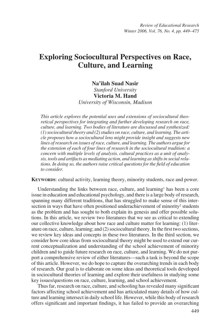 Pdf Exploring Sociocultural Perspectives On Race Culture And Learning