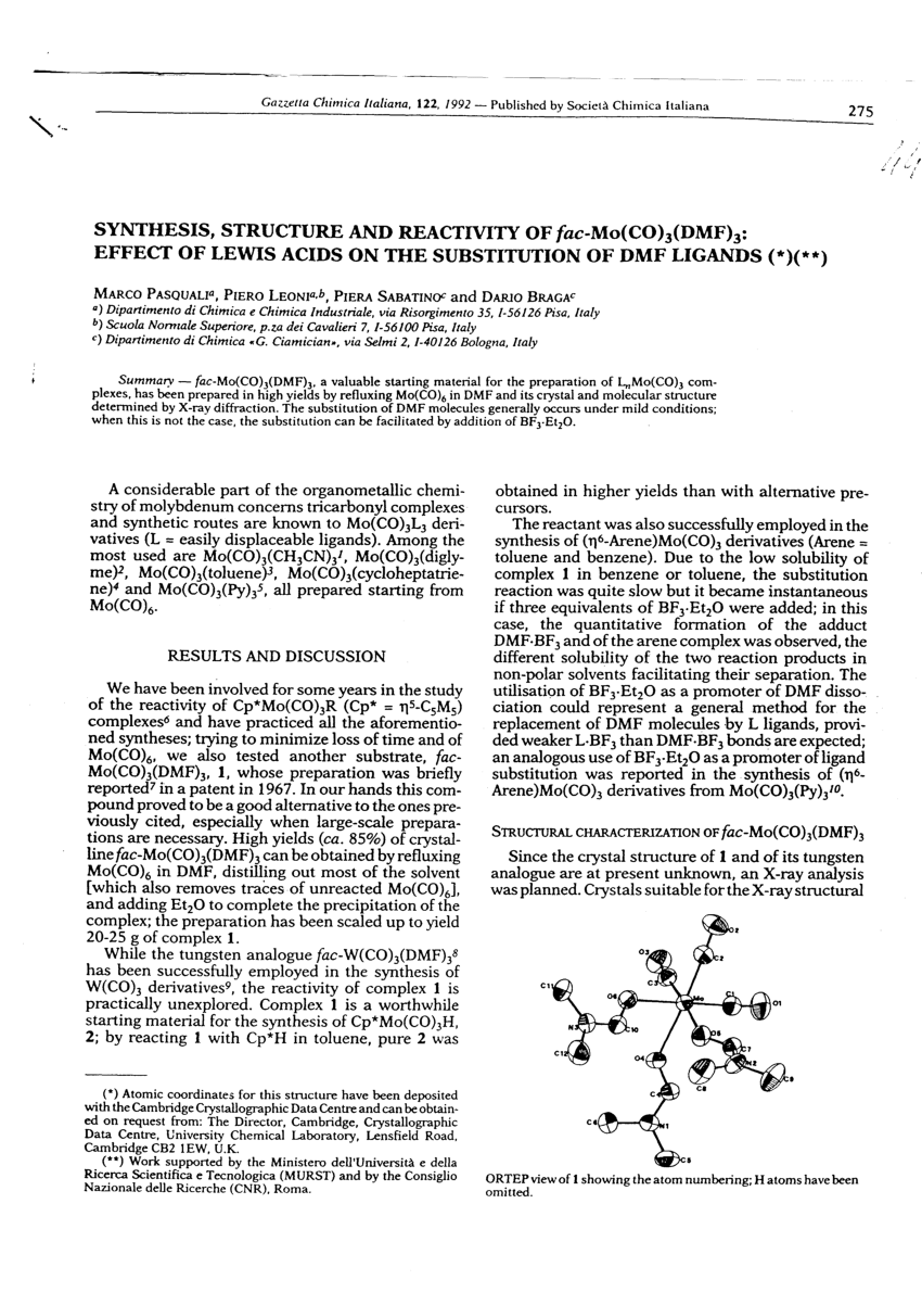 Pdf Synthesis Structure And Reactivity Of Fac Mo Co 3 Dmf 3 Effect Of Lewis Acids On The Substitution Of Dmf Ligands