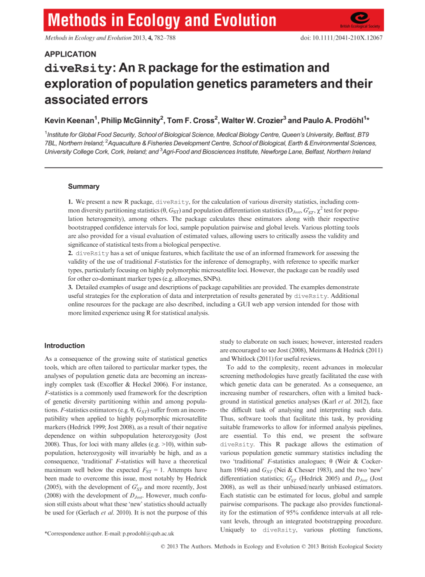 Pdf Keenan K Mcginnity P Cross Tf Crozier Ww Prodohl Pa Diversity An R Package For The Estimation And Exploration Of Population Genetics Parameters And Their Associated Errors Methods Ecol Evol 4