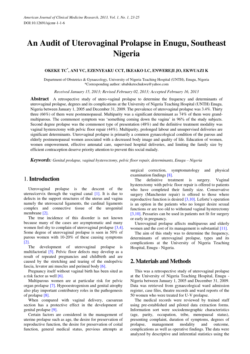 Pdf An Audit Of Uterovaginal Prolapse In Enugu Southeast