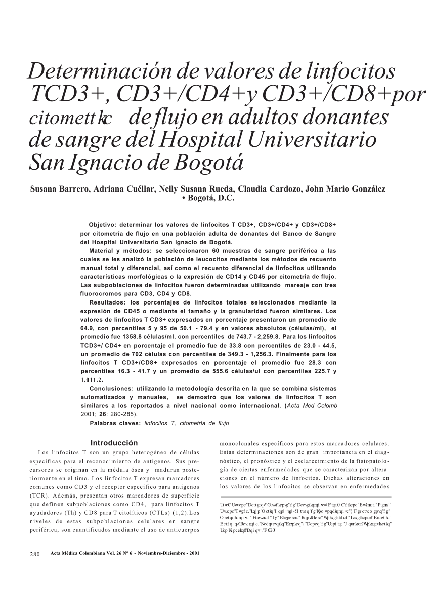Tío o señor Puro olvidadizo PDF) Determinación de valores de linfocitos T CD3+, CD3+/CD4+ y CD3+/CD8+  por citometría de flujo en donantes de sangre, adultos de Bogotá