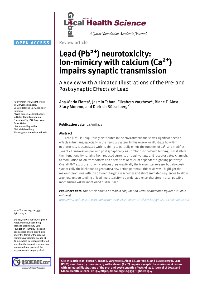PDF) Lead (Pb 2+ ) neurotoxicity: Ion-mimicry with calcium (Ca 2+ ) impairs synaptic   review with animated illustrations of the pre- and post- synaptic effects of lead