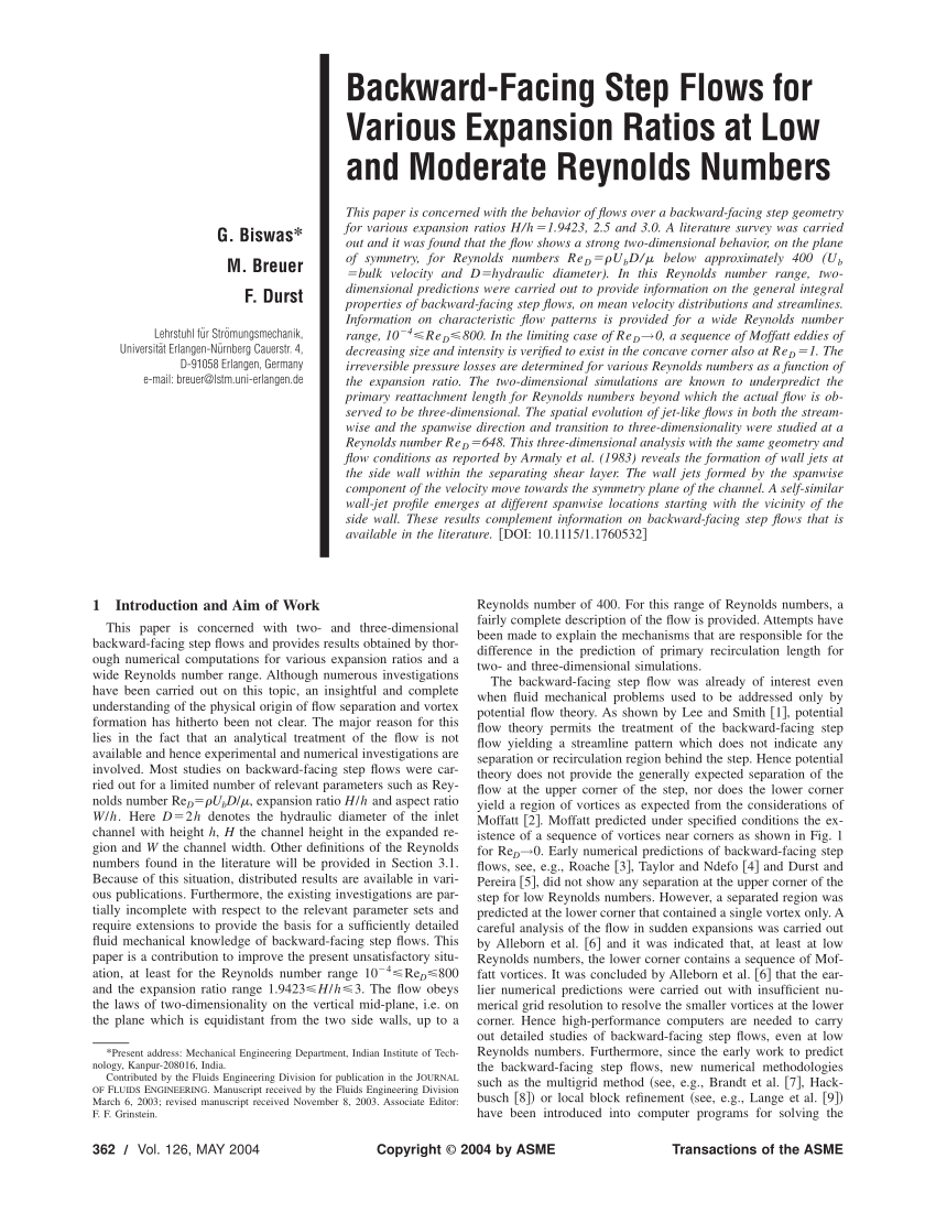Pdf Backward Facing Step Flows For Various Expansion Ratios At Low And Moderate Reynolds Numbers